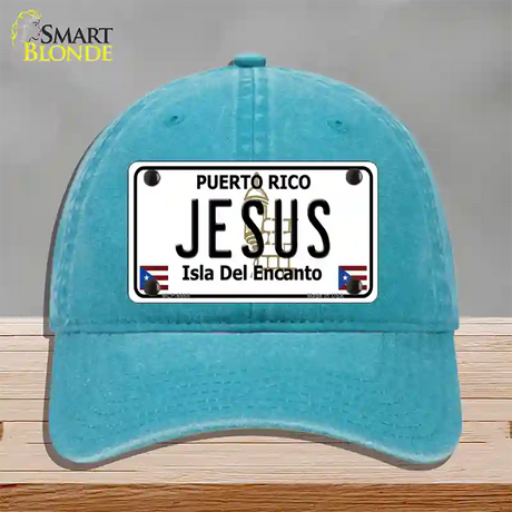 Jesus Puerto Rico Novelty License Plate Hat Unconstructed Cotton / Lake Blue