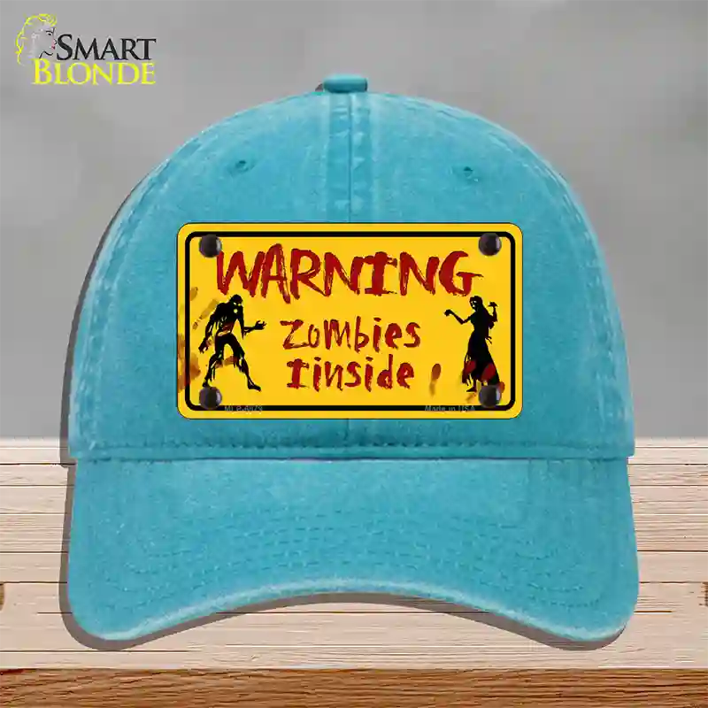 Warning Zombies Inside Novelty License Plate Hat Unconstructed Cotton / Lake Blue