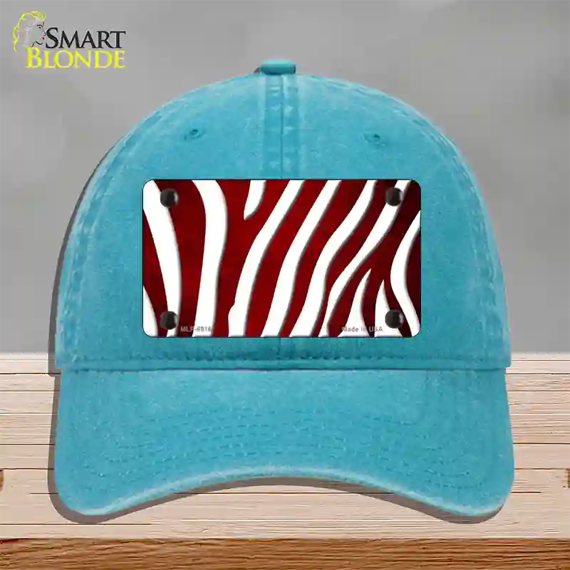 Red White Zebra Oil Rubbed Novelty License Plate Hat Unconstructed Cotton / Lake Blue