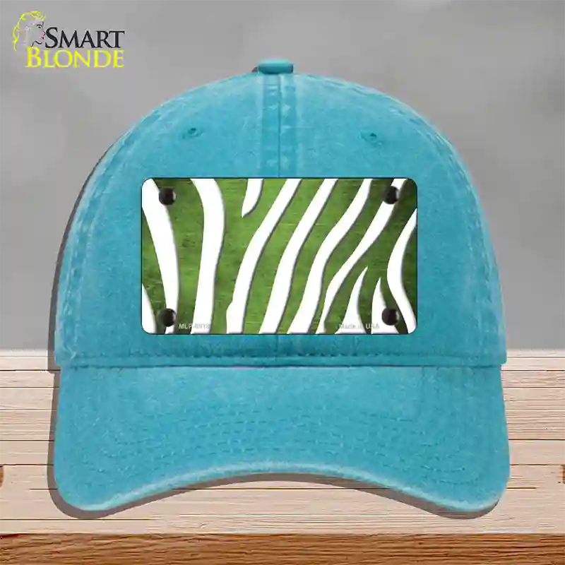 Lime Green White Zebra Oil Rubbed Novelty License Plate Hat Unconstructed Cotton / Lake Blue