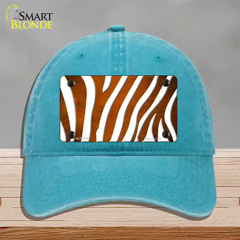 Orange White Zebra Oil Rubbed Novelty License Plate Hat Unconstructed Cotton / Lake Blue