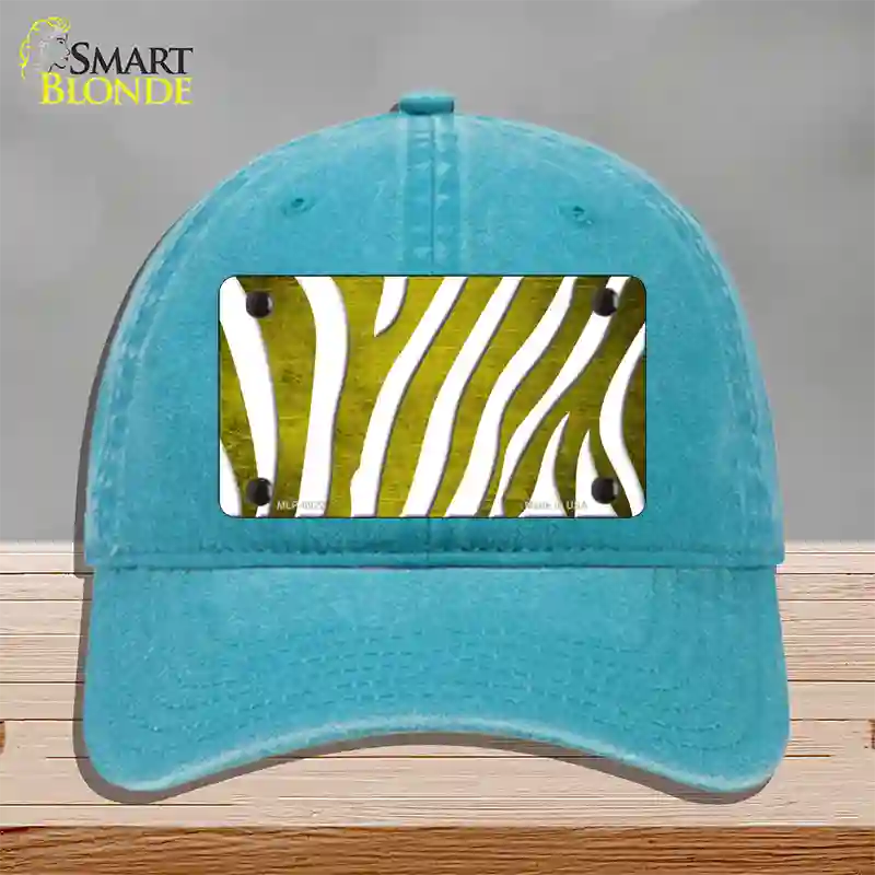 Yellow White Zebra Oil Rubbed Novelty License Plate Hat Unconstructed Cotton / Lake Blue