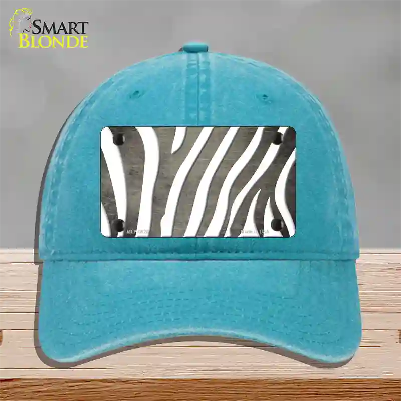 Tan White Zebra Oil Rubbed Novelty License Plate Hat Unconstructed Cotton / Lake Blue