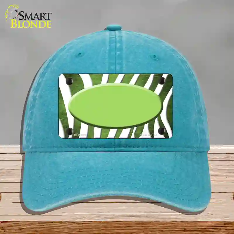 Lime Green White Zebra Oval Oil Rubbed Novelty License Plate Hat Unconstructed Cotton / Lake Blue