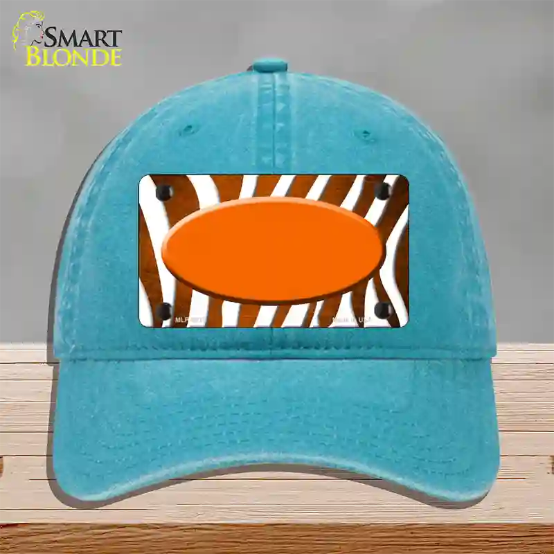 Orange White Zebra Oval Oil Rubbed Novelty License Plate Hat Unconstructed Cotton / Lake Blue