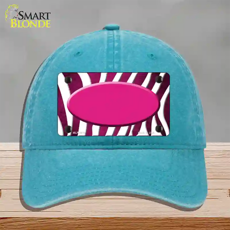 Pink White Zebra Oval Oil Rubbed Novelty License Plate Hat Unconstructed Cotton / Lake Blue