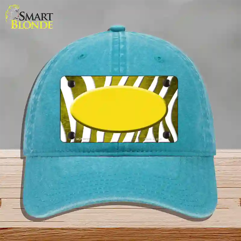 Yellow White Zebra Oval Oil Rubbed Novelty License Plate Hat Unconstructed Cotton / Lake Blue