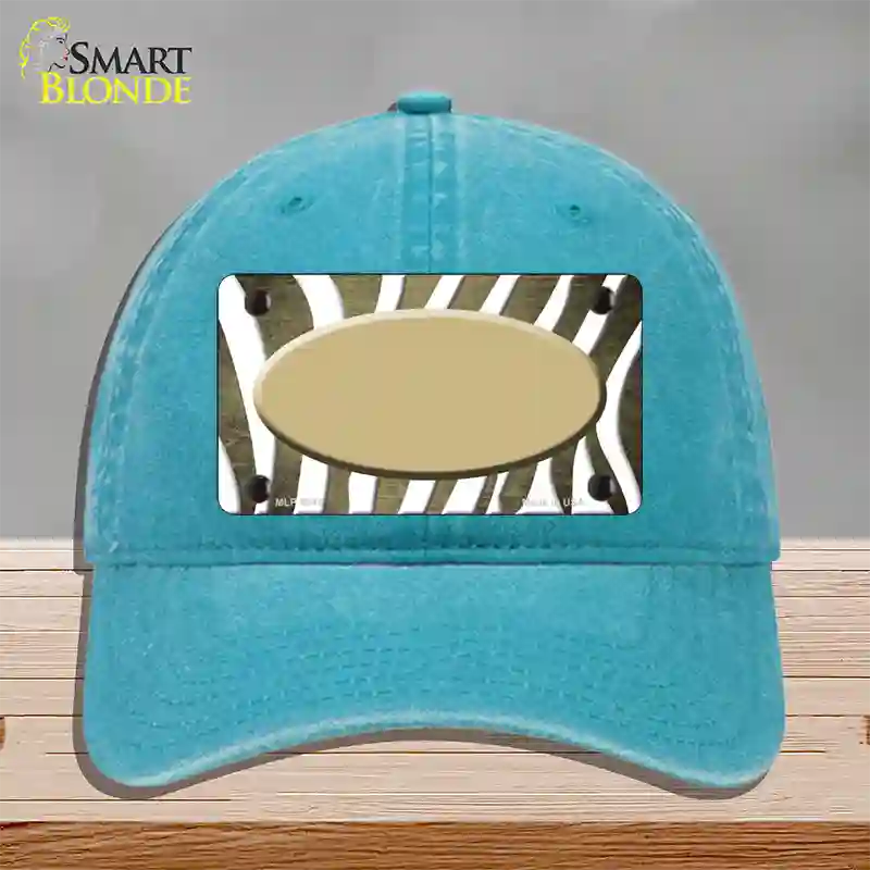 Gold White Zebra Oval Oil Rubbed Novelty License Plate Hat Unconstructed Cotton / Lake Blue