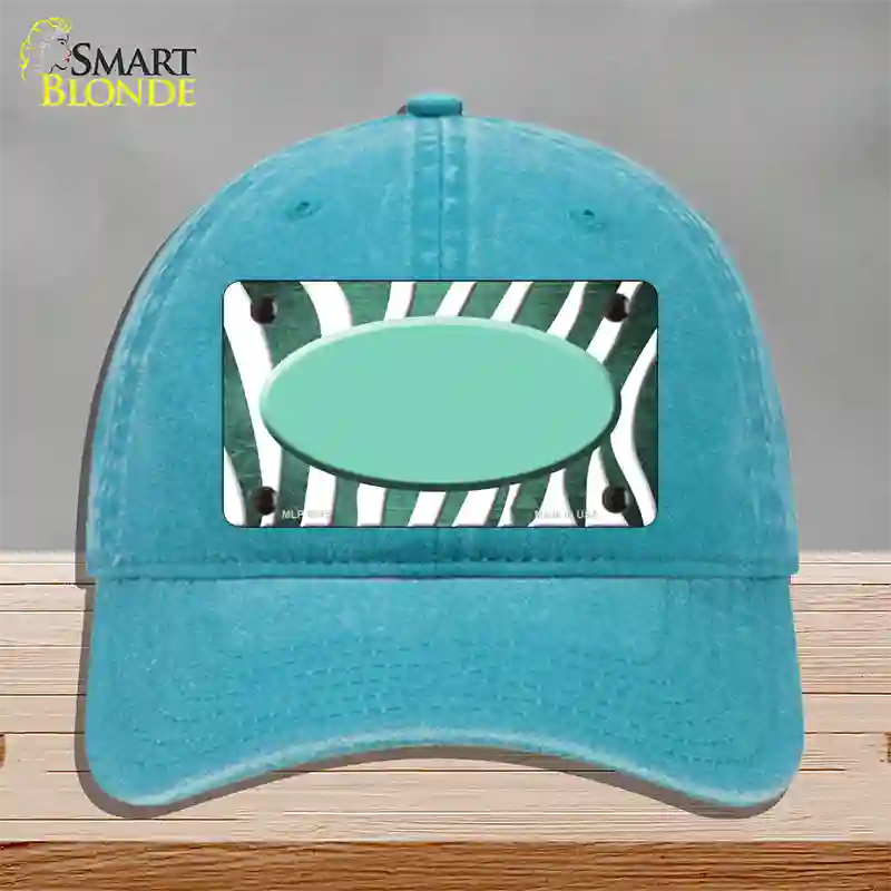 Mint White Zebra Oval Oil Rubbed Novelty License Plate Hat Unconstructed Cotton / Lake Blue