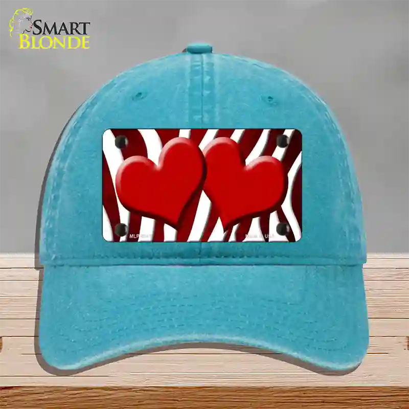 Red White Zebra Hearts Oil Rubbed Novelty License Plate Hat Unconstructed Cotton / Lake Blue