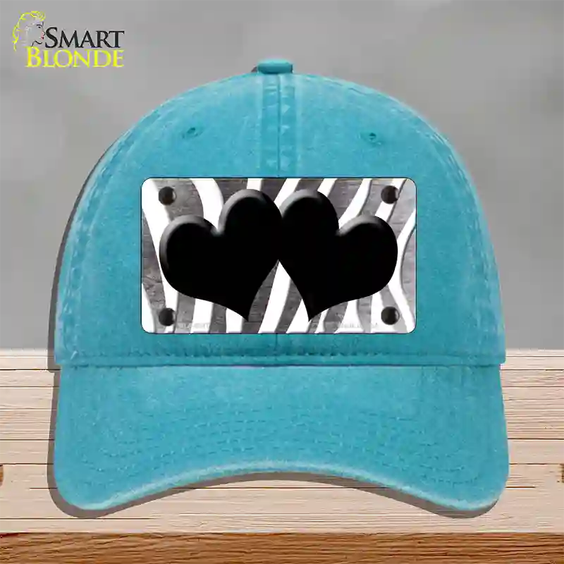 Black White Zebra Hearts Oil Rubbed Novelty License Plate Hat Unconstructed Cotton / Lake Blue