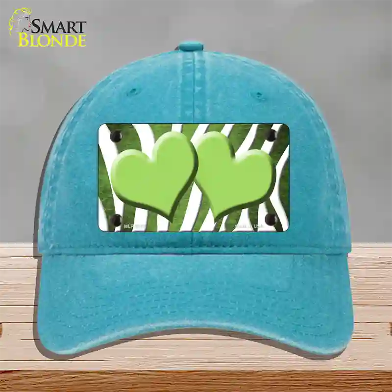 Lime Green White Zebra Hearts Oil Rubbed Novelty License Plate Hat Unconstructed Cotton / Lake Blue