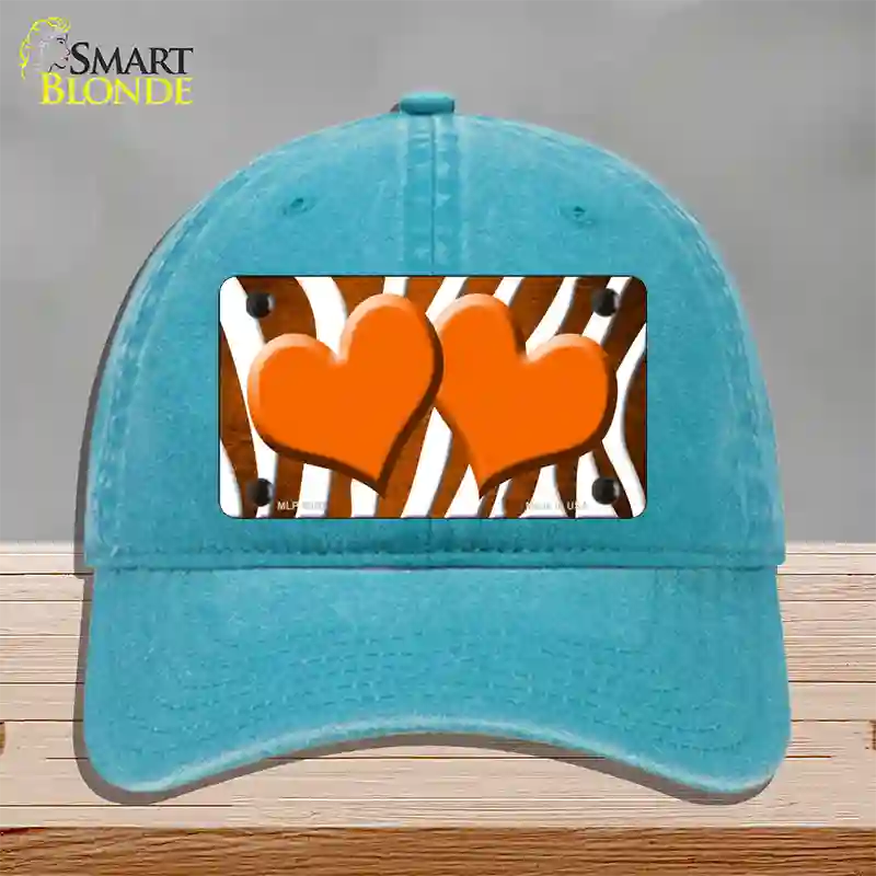 Orange White Zebra Hearts Oil Rubbed Novelty License Plate Hat Unconstructed Cotton / Lake Blue