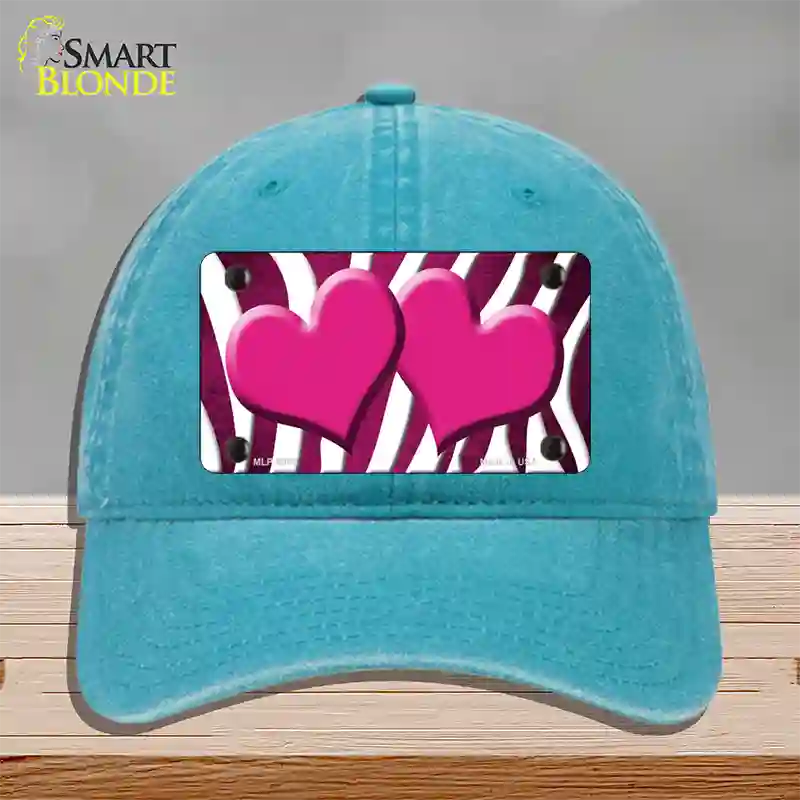 Pink White Zebra Hearts Oil Rubbed Novelty License Plate Hat Unconstructed Cotton / Lake Blue