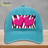 Pink White Zebra Hearts Oil Rubbed Novelty License Plate Hat Unconstructed Cotton / Lake Blue