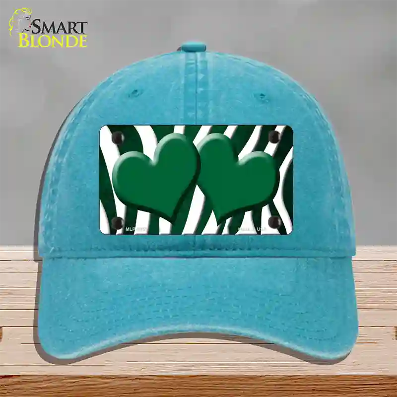 Green White Zebra Hearts Oil Rubbed Novelty License Plate Hat Unconstructed Cotton / Lake Blue