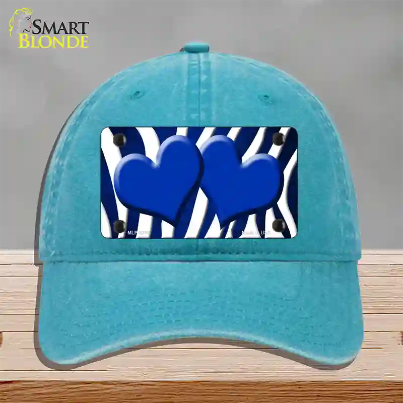 Blue White Zebra Hearts Oil Rubbed Novelty License Plate Hat Unconstructed Cotton / Lake Blue