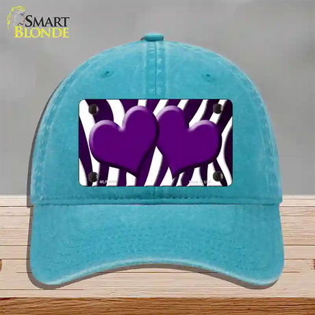 Purple White Zebra Hearts Oil Rubbed Novelty License Plate Hat Unconstructed Cotton / Lake Blue