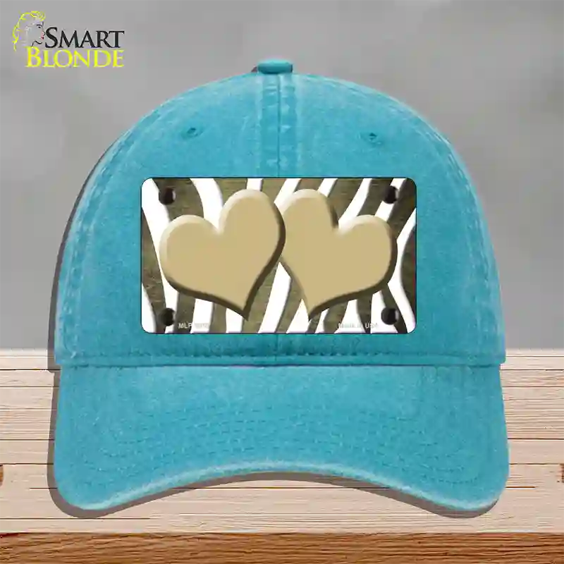 Gold White Zebra Hearts Oil Rubbed Novelty License Plate Hat Unconstructed Cotton / Lake Blue