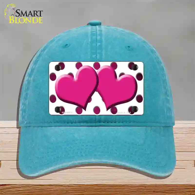 Pink White Dots Hearts Oil Rubbed Novelty License Plate Hat Unconstructed Cotton / Lake Blue