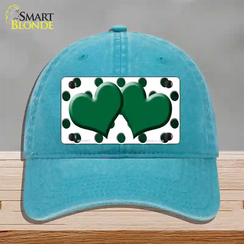 Green White Dots Hearts Oil Rubbed Novelty License Plate Hat Unconstructed Cotton / Lake Blue