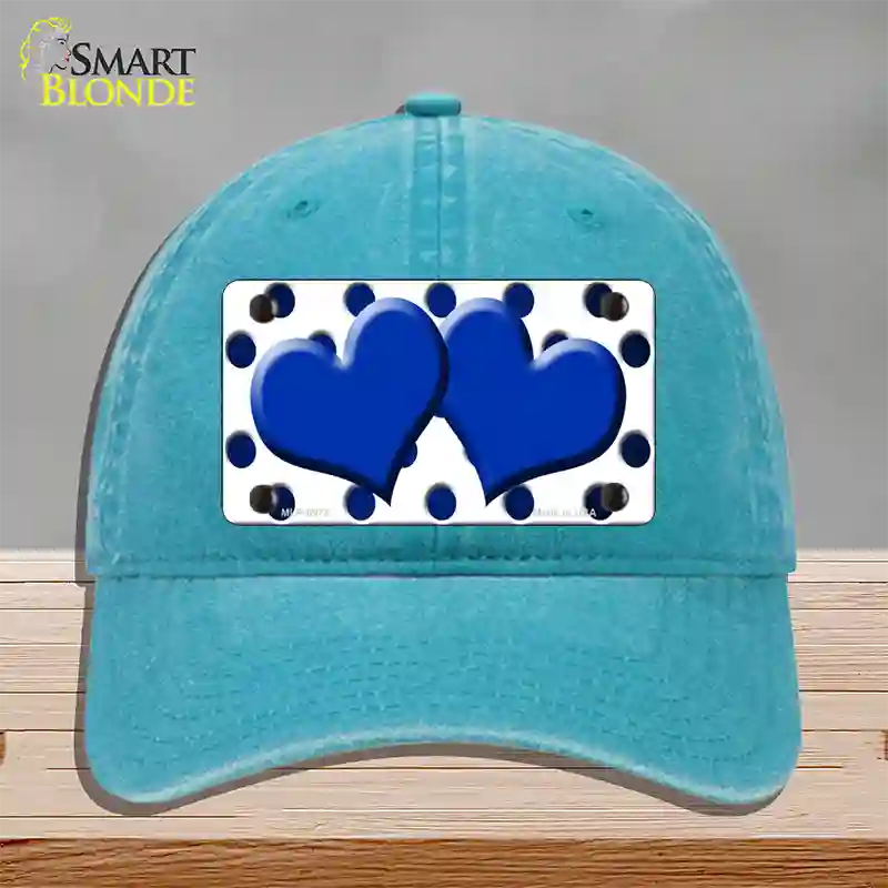 Blue White Dots Hearts Oil Rubbed Novelty License Plate Hat Unconstructed Cotton / Lake Blue