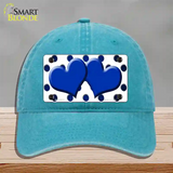 Blue White Dots Hearts Oil Rubbed Novelty License Plate Hat Unconstructed Cotton / Lake Blue