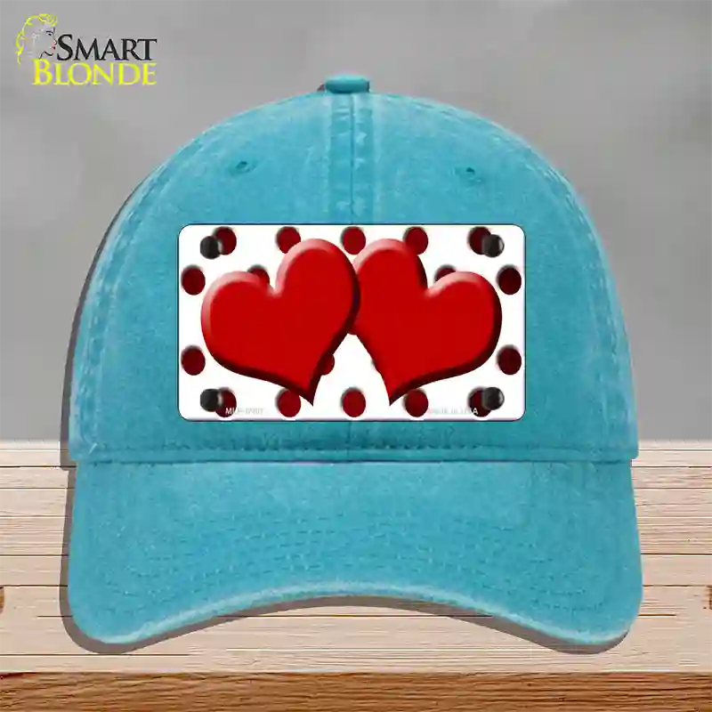 Red White Dots Hearts Oil Rubbed Novelty License Plate Hat Unconstructed Cotton / Lake Blue