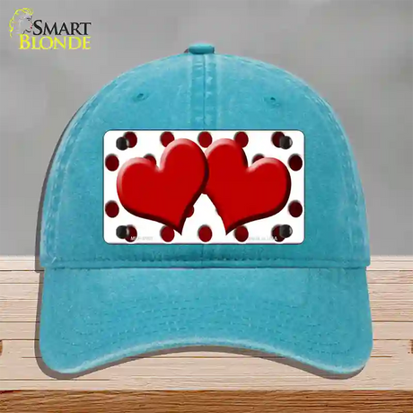 Red White Dots Hearts Oil Rubbed Novelty License Plate Hat Unconstructed Cotton / Lake Blue