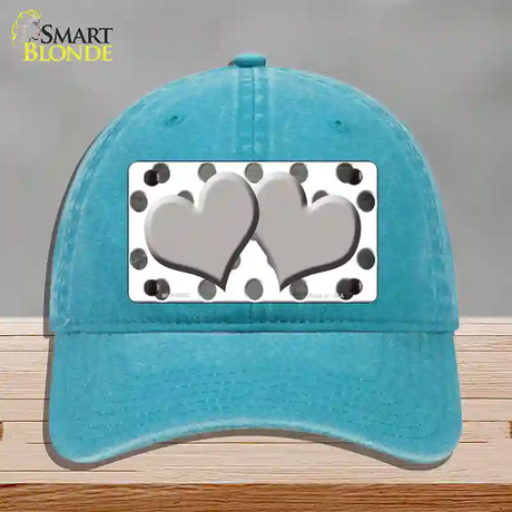 Gray White Dots Hearts Oil Rubbed Novelty License Plate Hat Unconstructed Cotton / Lake Blue