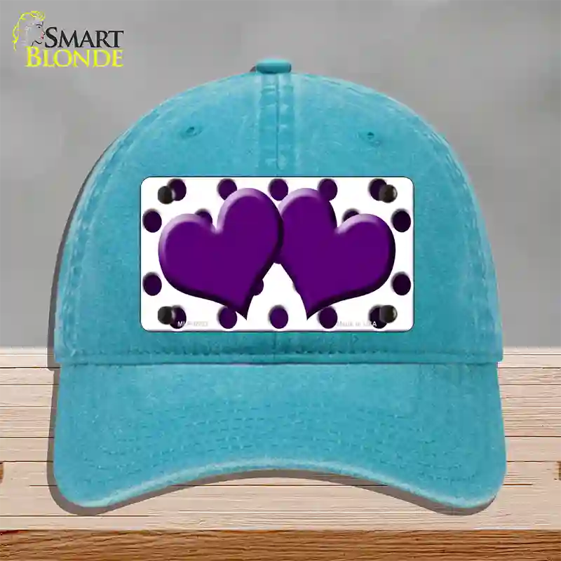 Purple White Dots Hearts Oil Rubbed Novelty License Plate Hat Unconstructed Cotton / Lake Blue