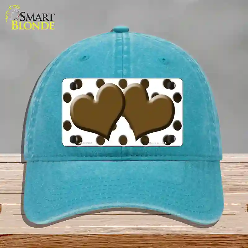 Brown White Dots Hearts Oil Rubbed Novelty License Plate Hat Unconstructed Cotton / Lake Blue