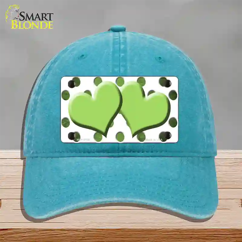 Lime Green White Dots Hearts Oil Rubbed Novelty License Plate Hat Unconstructed Cotton / Lake Blue