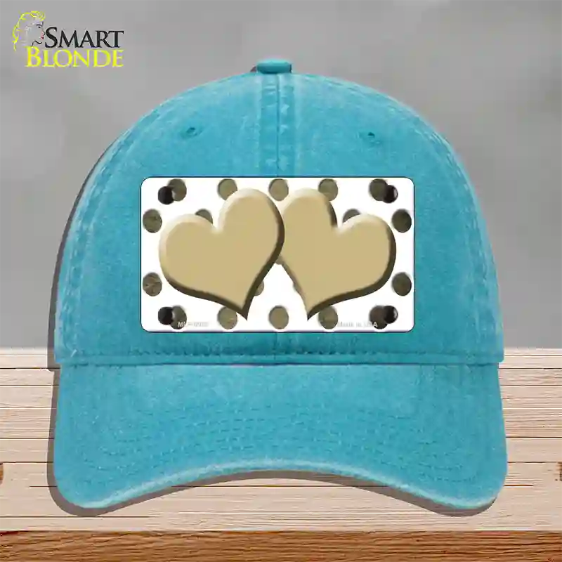 Gold White Dots Hearts Oil Rubbed Novelty License Plate Hat Unconstructed Cotton / Lake Blue