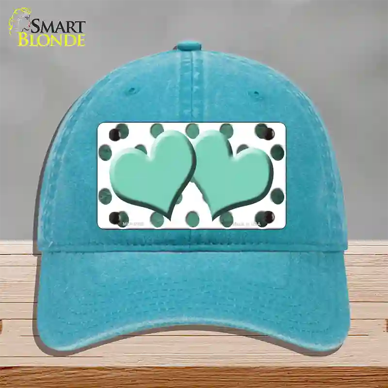 Mint White Dots Hearts Oil Rubbed Novelty License Plate Hat Unconstructed Cotton / Lake Blue