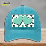 Mint White Dots Hearts Oil Rubbed Novelty License Plate Hat Unconstructed Cotton / Lake Blue