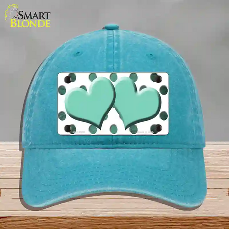 Mint White Dots Hearts Oil Rubbed Novelty License Plate Hat Unconstructed Cotton / Lake Blue