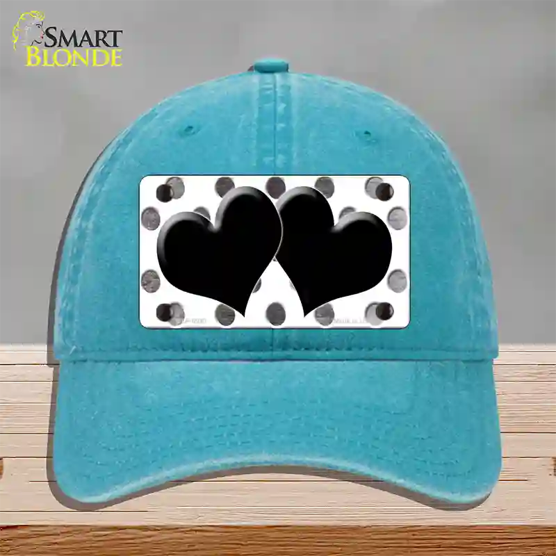 Black White Dots Hearts Oil Rubbed Novelty License Plate Hat Unconstructed Cotton / Lake Blue