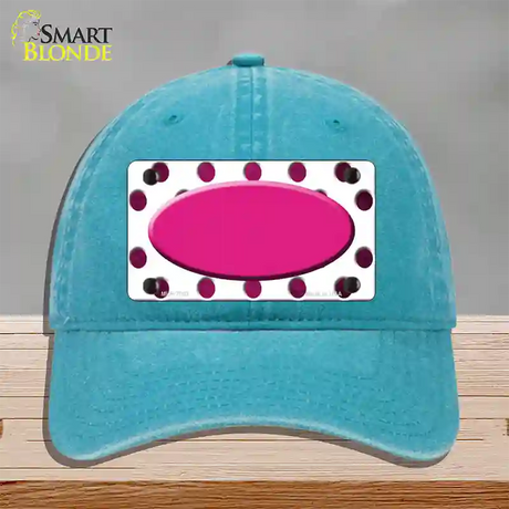 Pink White Dots Oval Oil Rubbed Novelty License Plate Hat Unconstructed Cotton / Lake Blue