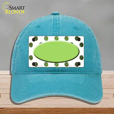 Lime Green White Dots Oval Oil Rubbed Novelty License Plate Hat Unconstructed Cotton / Lake Blue