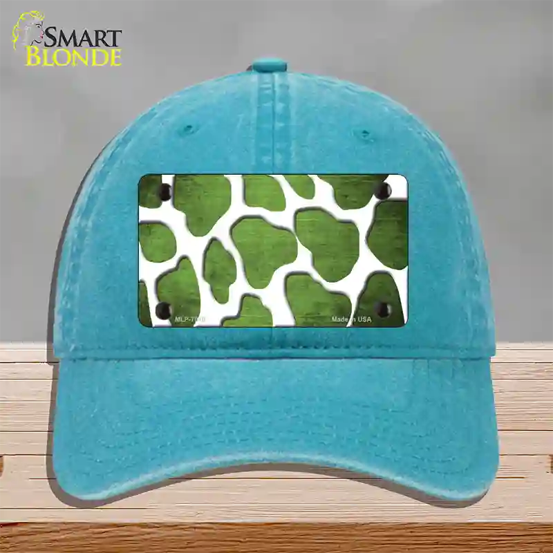 Lime Green White Giraffe Oil Rubbed Novelty License Plate Hat Unconstructed Cotton / Lake Blue