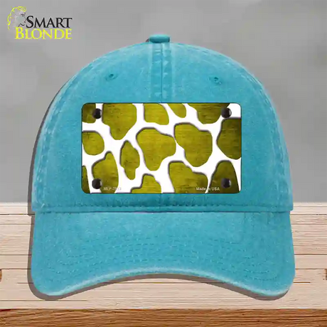 Yellow White Giraffe Oil Rubbed Novelty License Plate Hat Unconstructed Cotton / Lake Blue