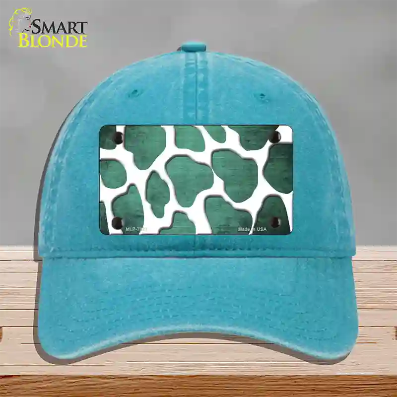 Mint White Giraffe Oil Rubbed Novelty License Plate Hat Unconstructed Cotton / Lake Blue