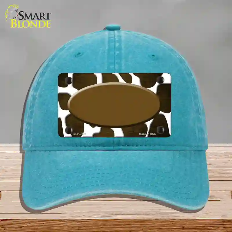 Brown White Oval Giraffe Oil Rubbed Novelty License Plate Hat Unconstructed Cotton / Lake Blue