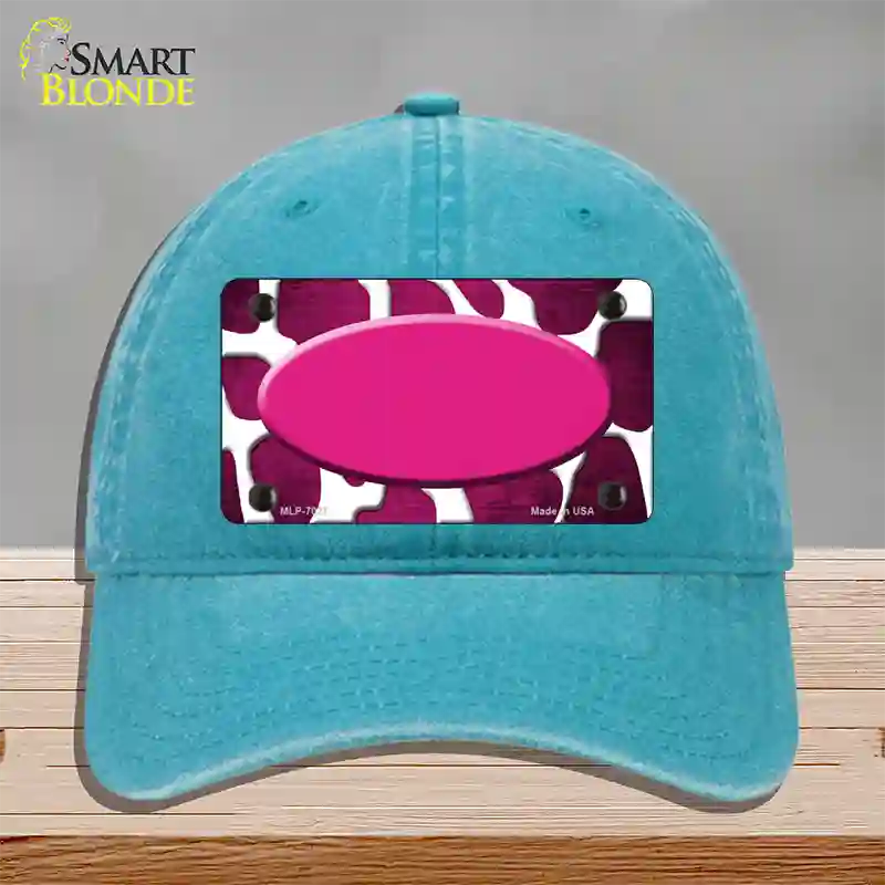 Pink White Oval Giraffe Oil Rubbed Novelty License Plate Hat Unconstructed Cotton / Lake Blue