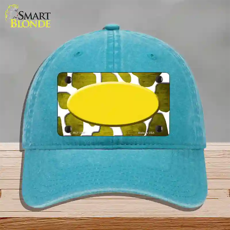 Yellow White Oval Giraffe Oil Rubbed Novelty License Plate Hat Unconstructed Cotton / Lake Blue