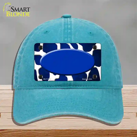 Blue White Oval Giraffe Oil Rubbed Novelty License Plate Hat Unconstructed Cotton / Lake Blue