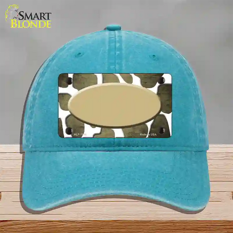 Gold White Oval Giraffe Oil Rubbed Novelty License Plate Hat Unconstructed Cotton / Lake Blue