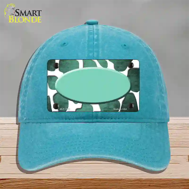 Mint White Oval Giraffe Oil Rubbed Novelty License Plate Hat Unconstructed Cotton / Lake Blue