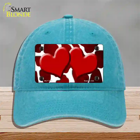 Red White Hearts Giraffe Oil Rubbed Novelty License Plate Hat Unconstructed Cotton / Lake Blue